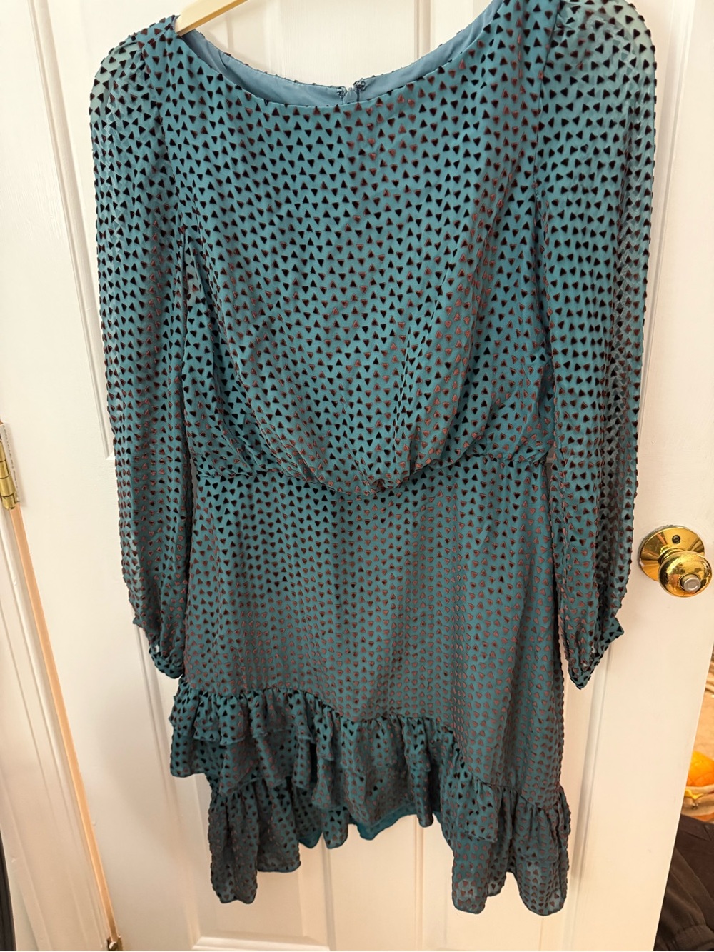 SALONI Teal Heart-Print Long-Sleeve Ruffle-Hem Dress